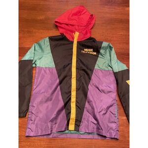 large MTV retro style rain jacket hooded multicolor